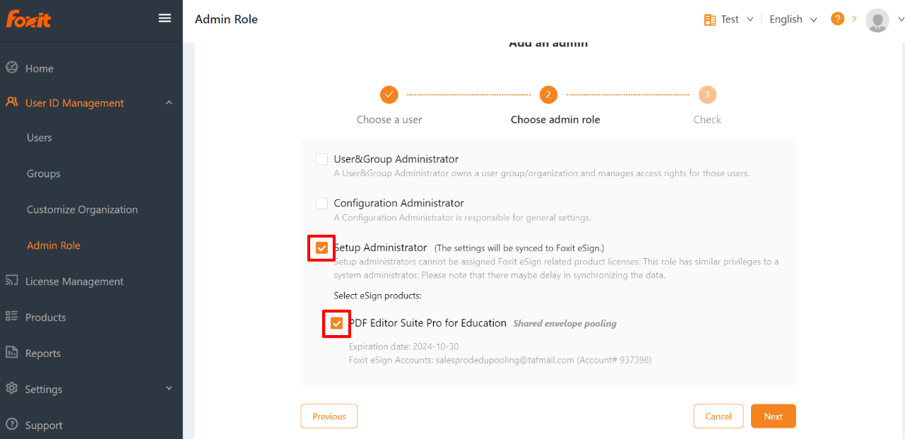 How to Set a Setup Admin Role for eSign License?